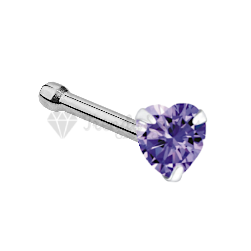 925 Sterling Silver Purple CZ Heart Shape Bone Screw Straight End Nose Stud Ring