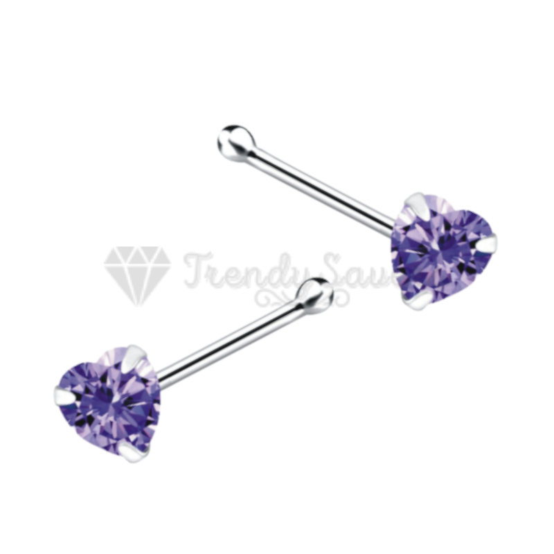 925 Sterling Silver Purple CZ Heart Shape Bone Screw Straight End Nose Stud Ring