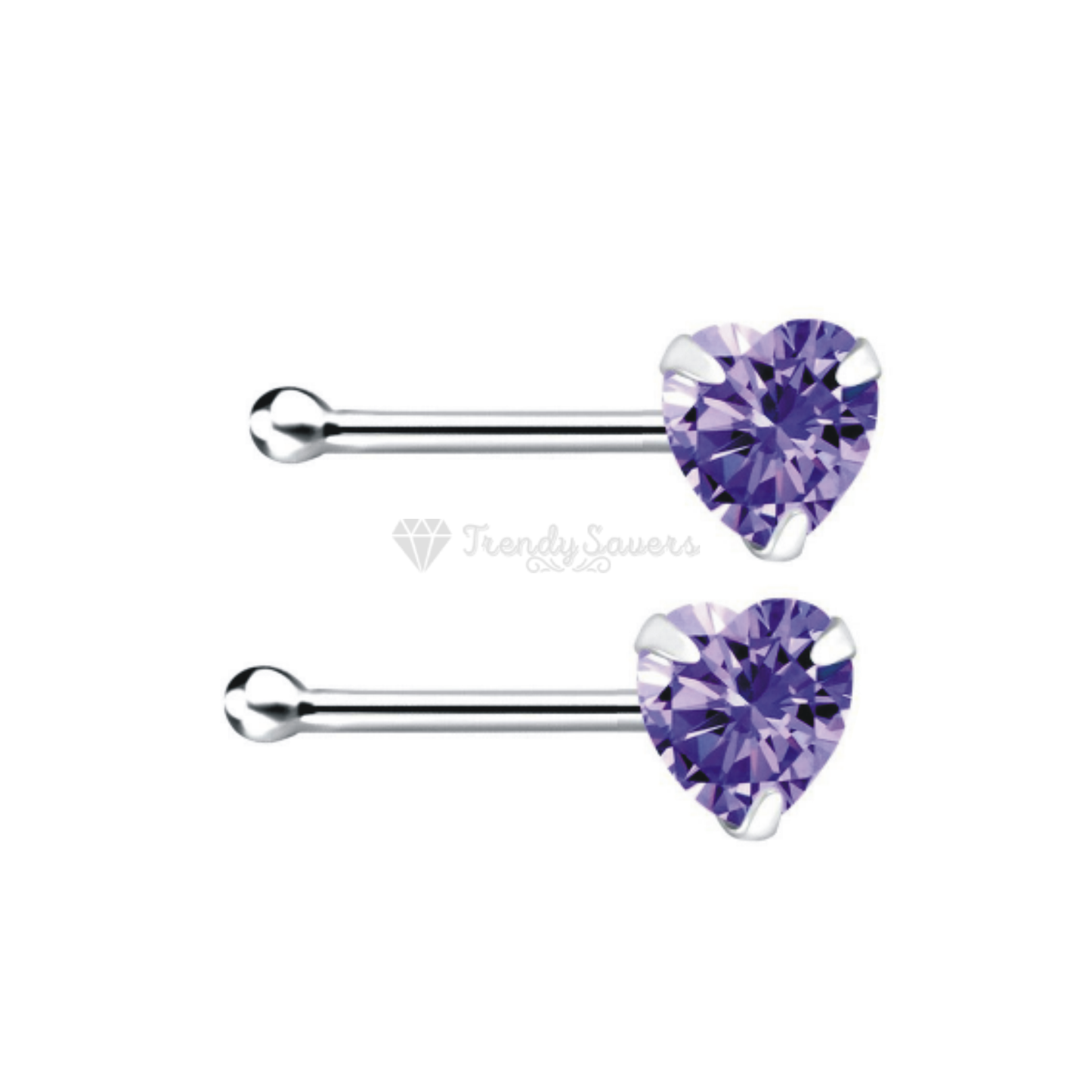 925 Sterling Silver Purple CZ Heart Shape Bone Screw Straight End Nose Stud Ring