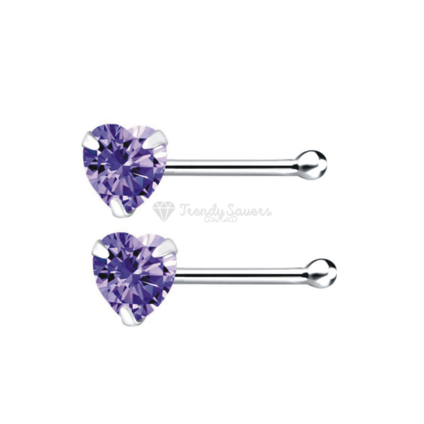 925 Sterling Silver Purple CZ Heart Shape Bone Screw Straight End Nose Stud Ring
