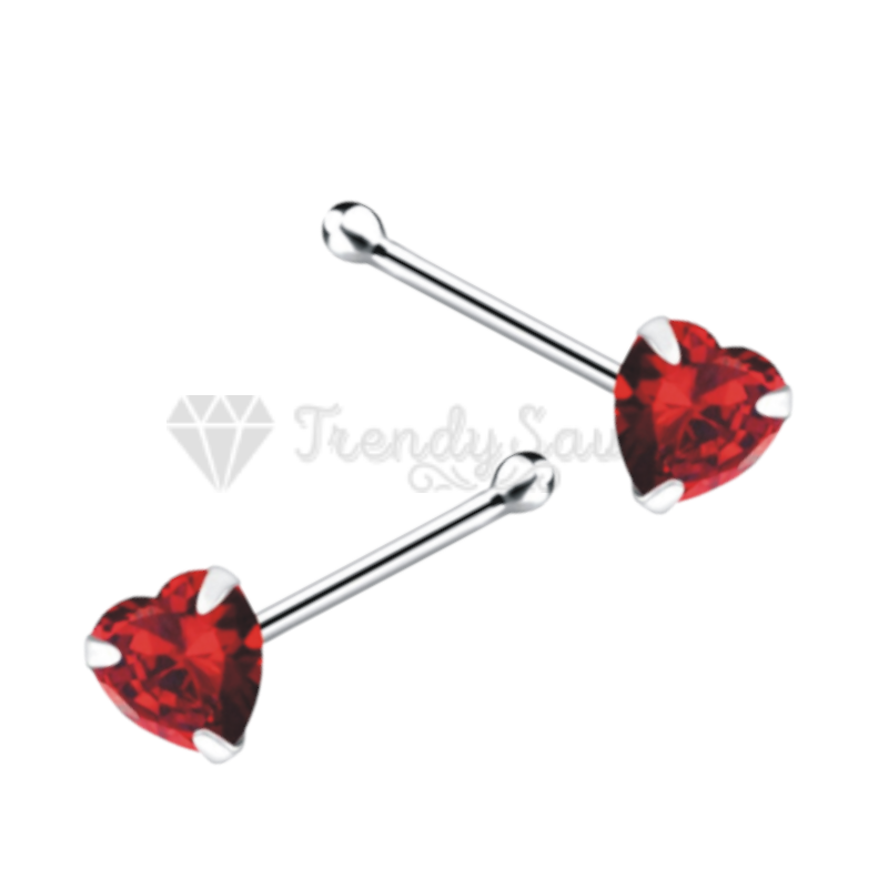 Nose Studs Straight End Bone Screw Red CZ Heart Shape Sterling Silver Piercing