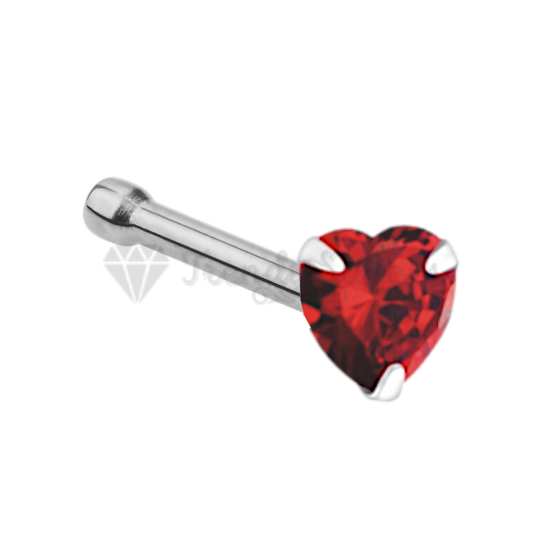 Nose Studs Straight End Bone Screw Red CZ Heart Shape Sterling Silver Piercing