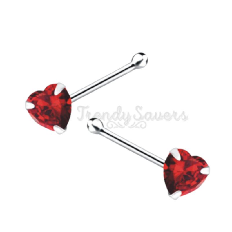Nose Studs Straight End Bone Screw Red CZ Heart Shape Sterling Silver Piercing