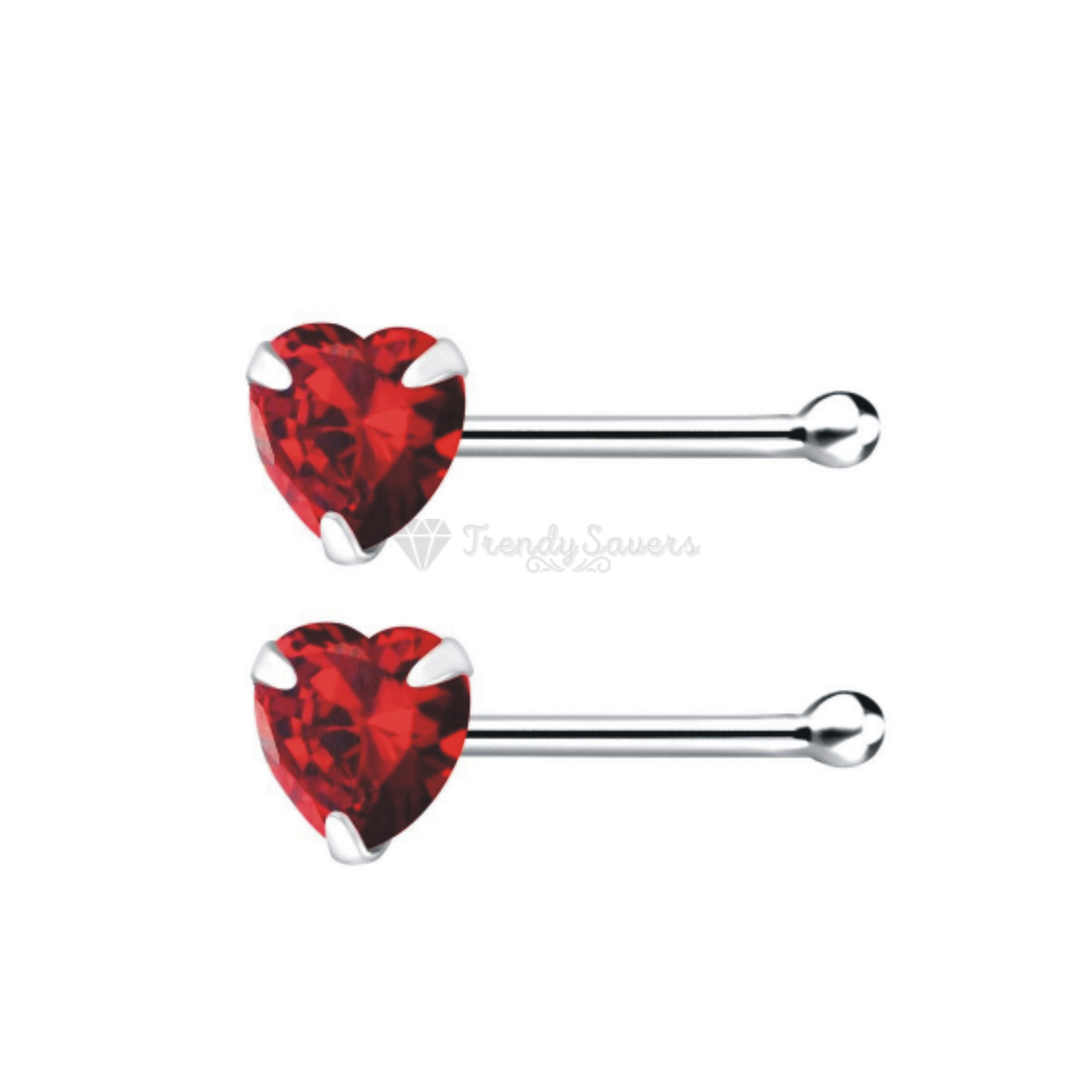 Nose Studs Straight End Bone Screw Red CZ Heart Shape Sterling Silver Piercing