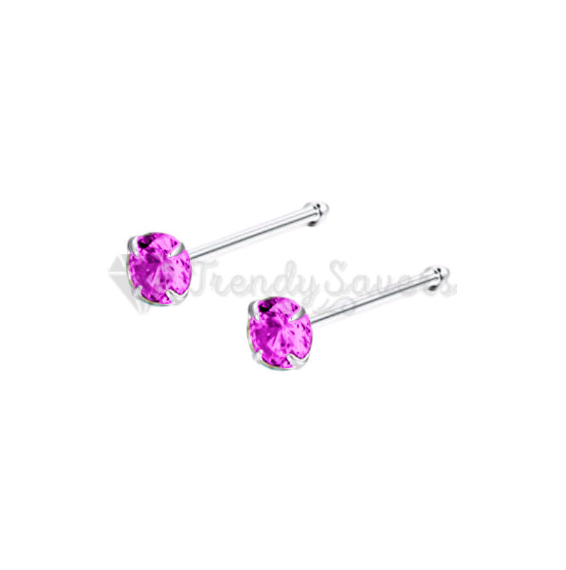 Solid Sterling Silver Straight End 2MM Purple Crystal Nose Stud Piercing Bar Pin