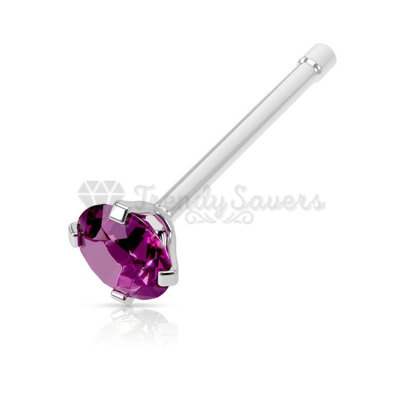 Solid Sterling Silver Straight End 2MM Purple Crystal Nose Stud Piercing Bar Pin