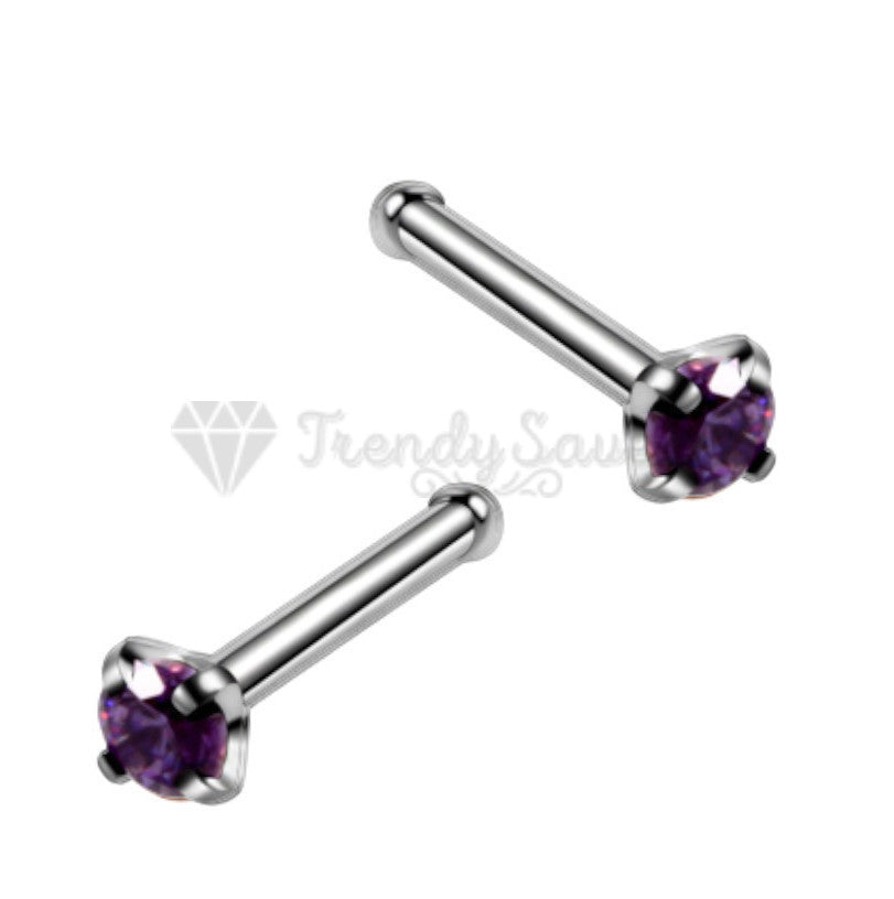 Solid Sterling Silver Straight End 2MM Purple Crystal Nose Stud Piercing Bar Pin