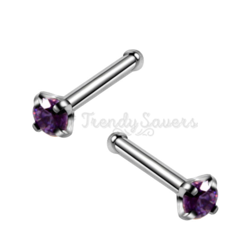 Solid Sterling Silver Straight End 2MM Purple Crystal Nose Stud Piercing Bar Pin