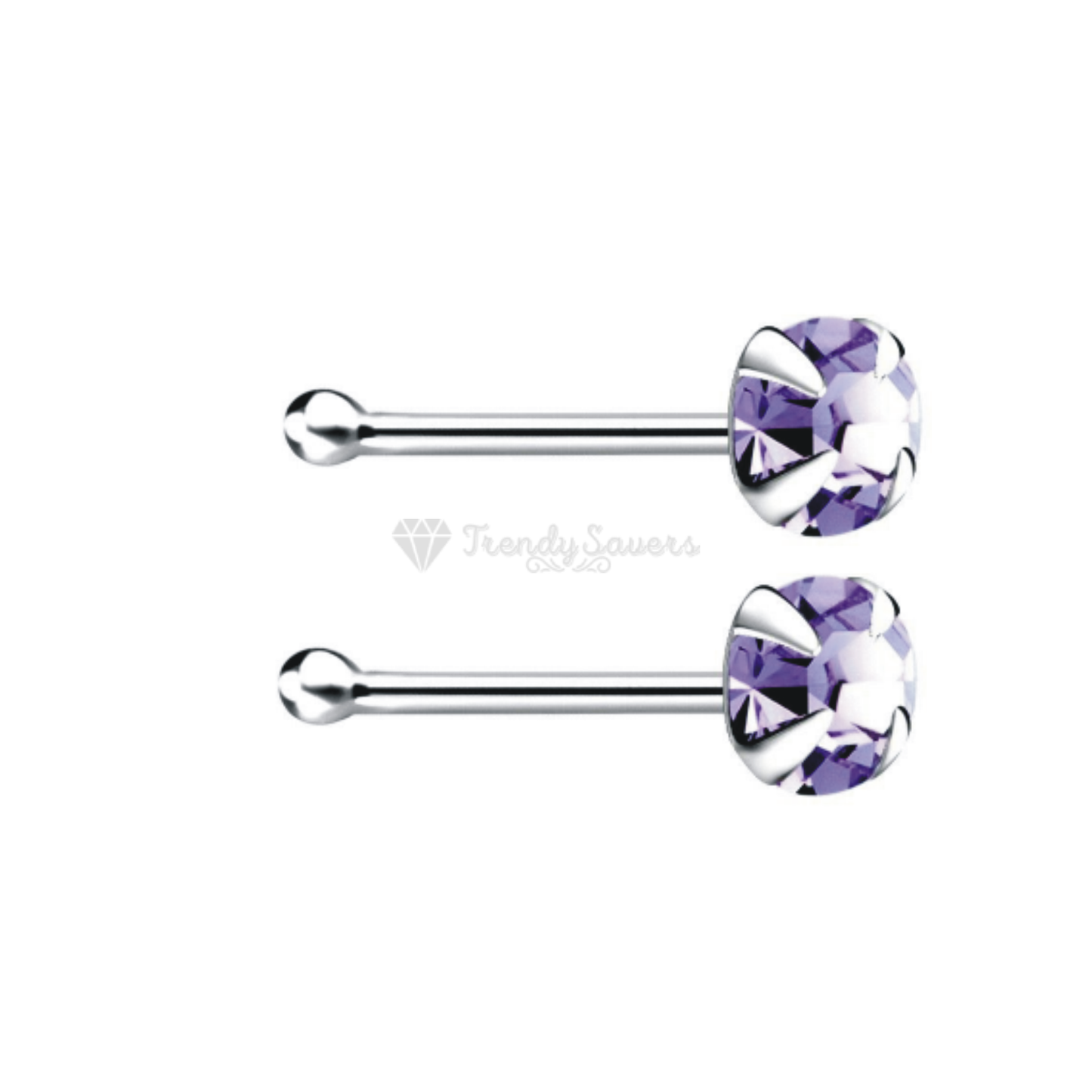 Solid Sterling Silver Straight End 2MM Purple Crystal Nose Stud Piercing Bar Pin