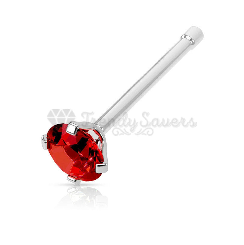 2MM Wide Bars Stud Piercing Nose Ring Pin Straight Bone End Red Cubic Zirconia