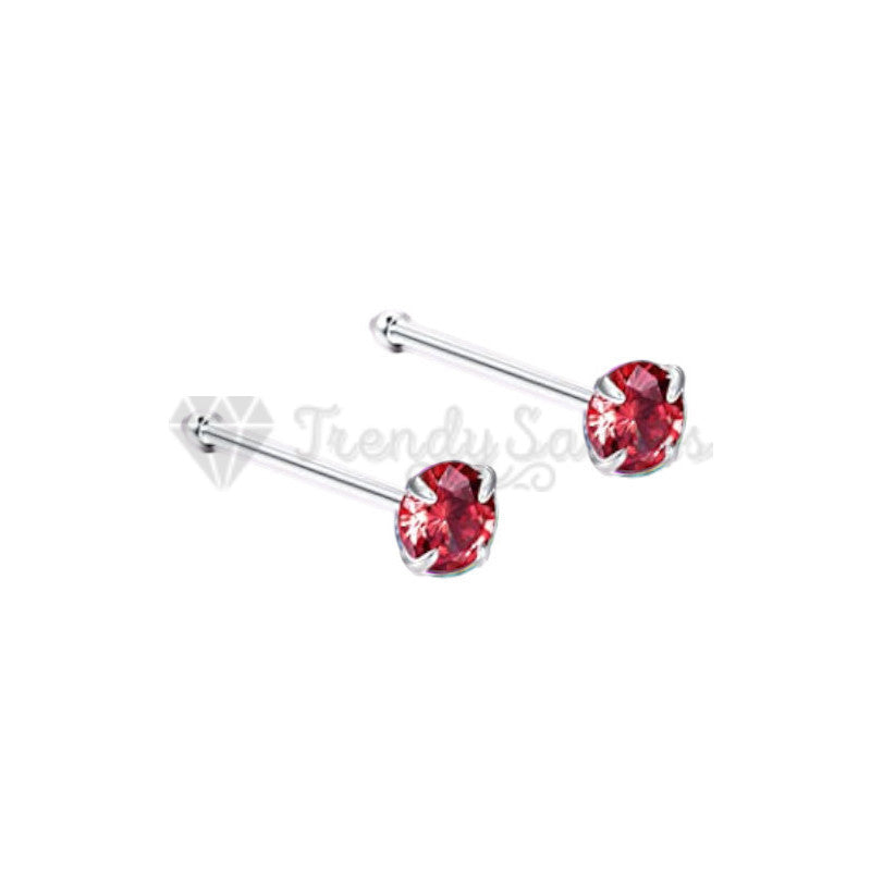 2MM Wide Bars Stud Piercing Nose Ring Pin Straight Bone End Red Cubic Zirconia