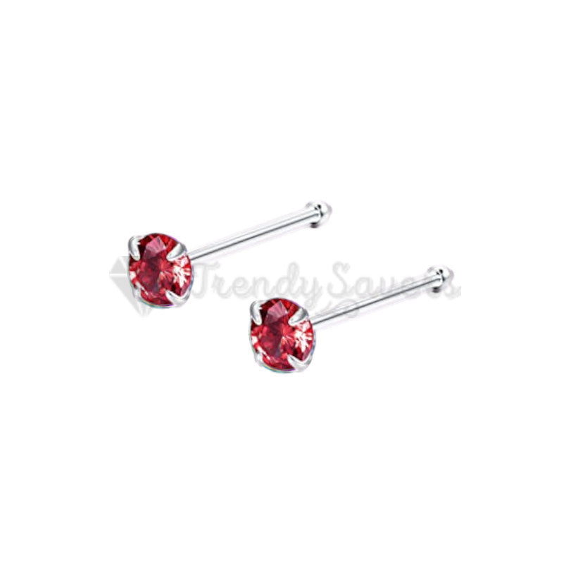 2MM Wide Bars Stud Piercing Nose Ring Pin Straight Bone End Red Cubic Zirconia
