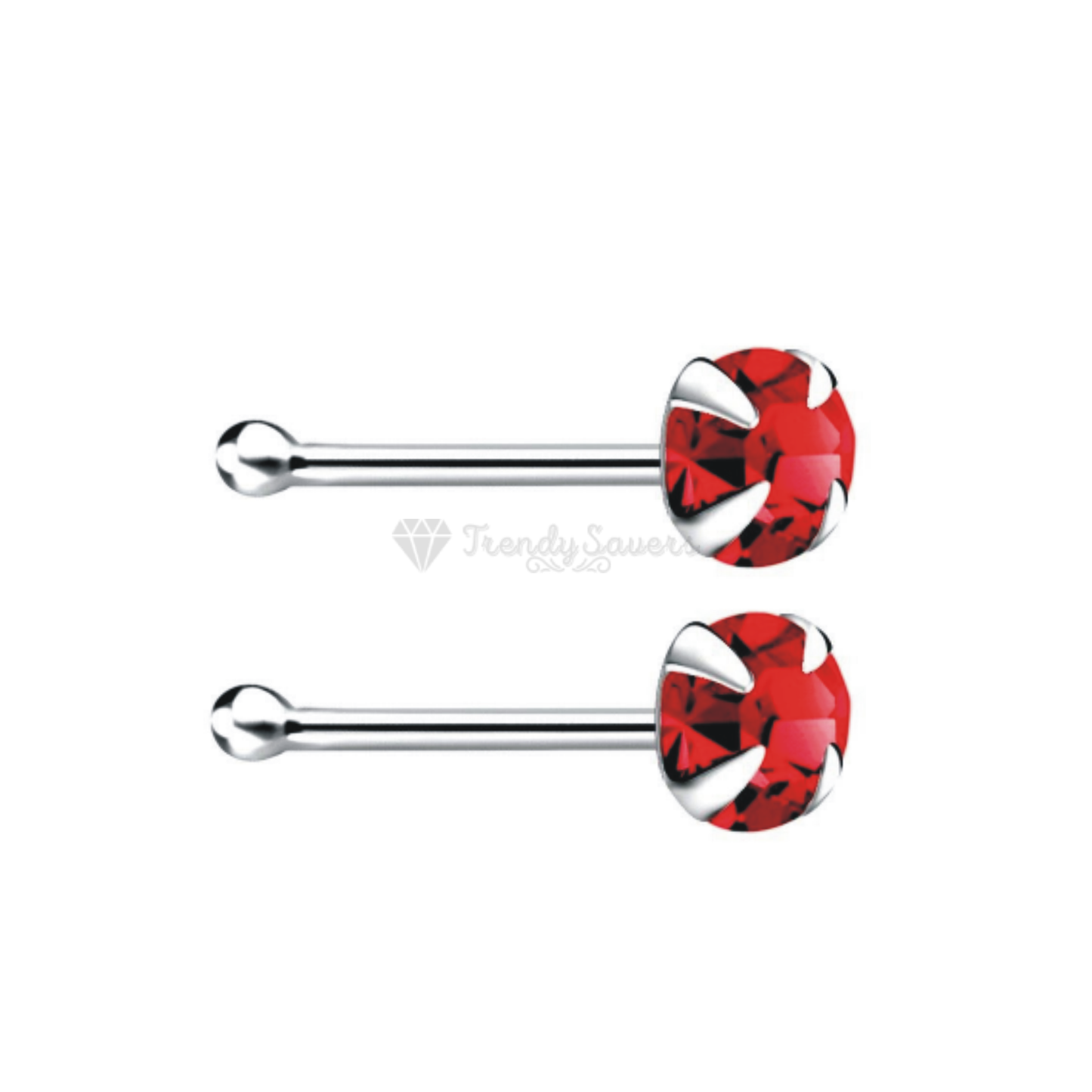 2MM Wide Bars Stud Piercing Nose Ring Pin Straight Bone End Red Cubic Zirconia