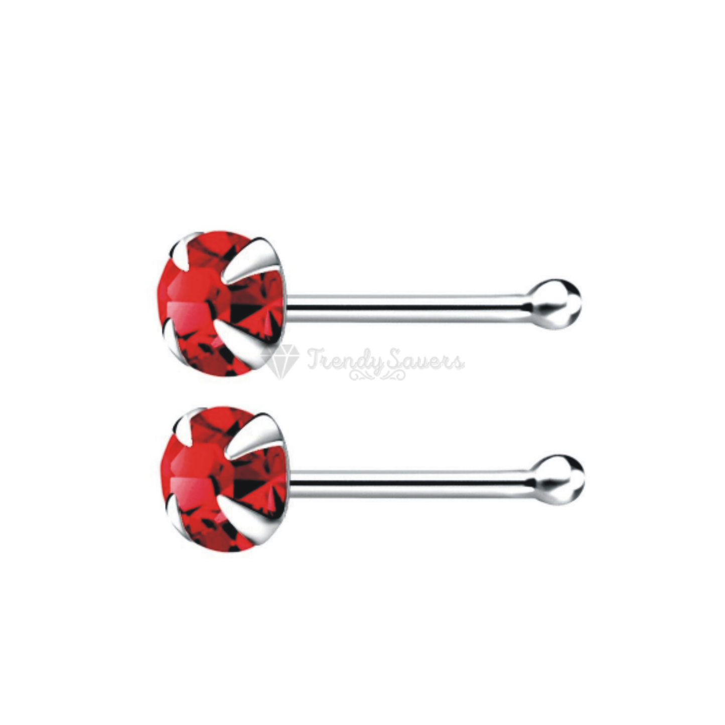 2MM Wide Bars Stud Piercing Nose Ring Pin Straight Bone End Red Cubic Zirconia