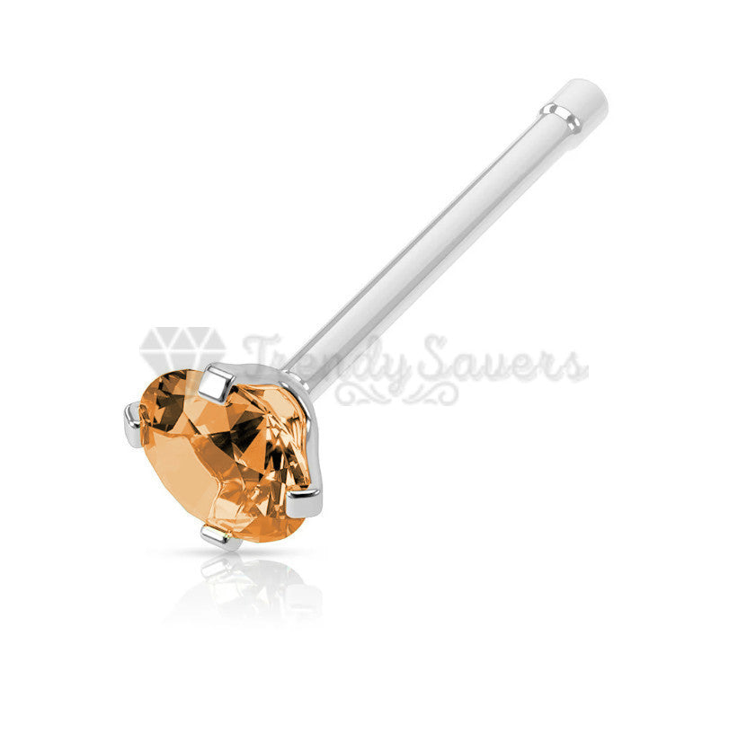 Real Sterling Silver Piercing Bar Ring CZ Champagne Crystal Nose Bone Stud 3MM