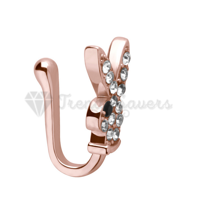 Rose Gold Plated Cubic Zirconia Bunny Rabbit Surgical Steel Fake Nose Rings Hoop