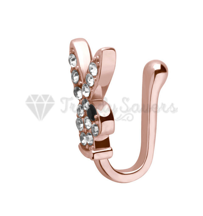 Rose Gold Plated Cubic Zirconia Bunny Rabbit Surgical Steel Fake Nose Rings Hoop