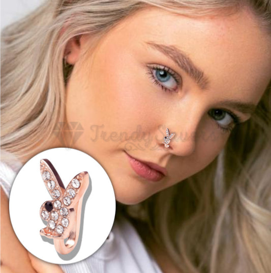 Rose Gold Plated Cubic Zirconia Bunny Rabbit Surgical Steel Fake Nose Rings Hoop