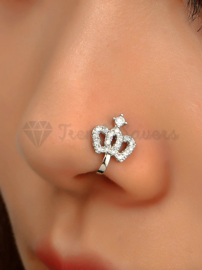 Silver Plated Cubic Zirconia CZ Non Piercing Nose Ring Crown Cuff Body Piercing