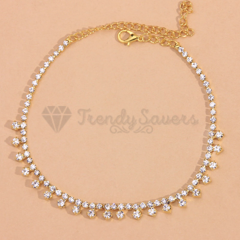Gold Plated Sterling Silver CZ Crystals Inlaid Ankle Bracelet Boho Foot Anklet