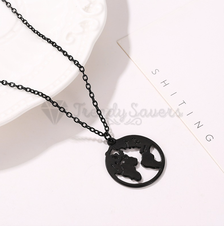 High Polish Smooth Black World Map Print Gold Plated Cable Link Chain Necklace