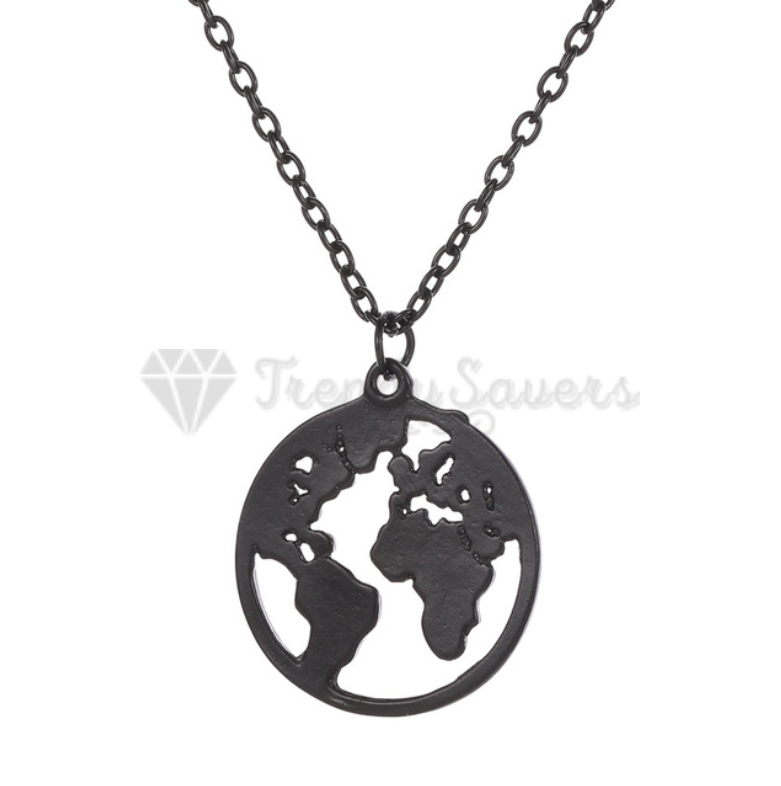 High Polish Smooth Black World Map Print Gold Plated Cable Link Chain Necklace