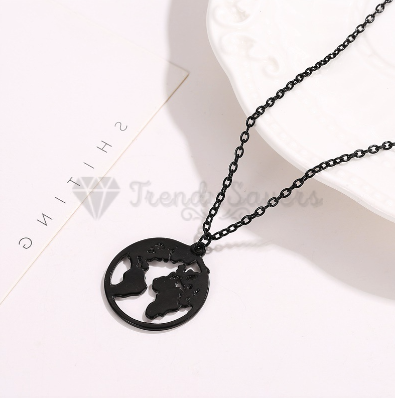 High Polish Smooth Black World Map Print Gold Plated Cable Link Chain Necklace