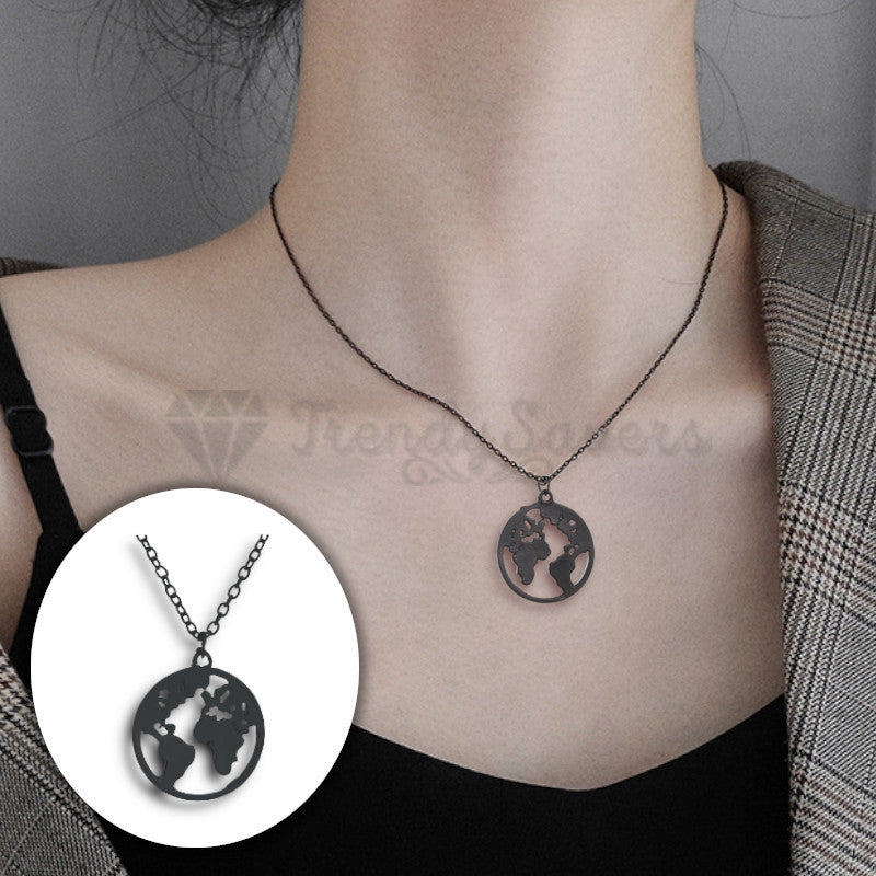 High Polish Smooth Black World Map Print Gold Plated Cable Link Chain Necklace