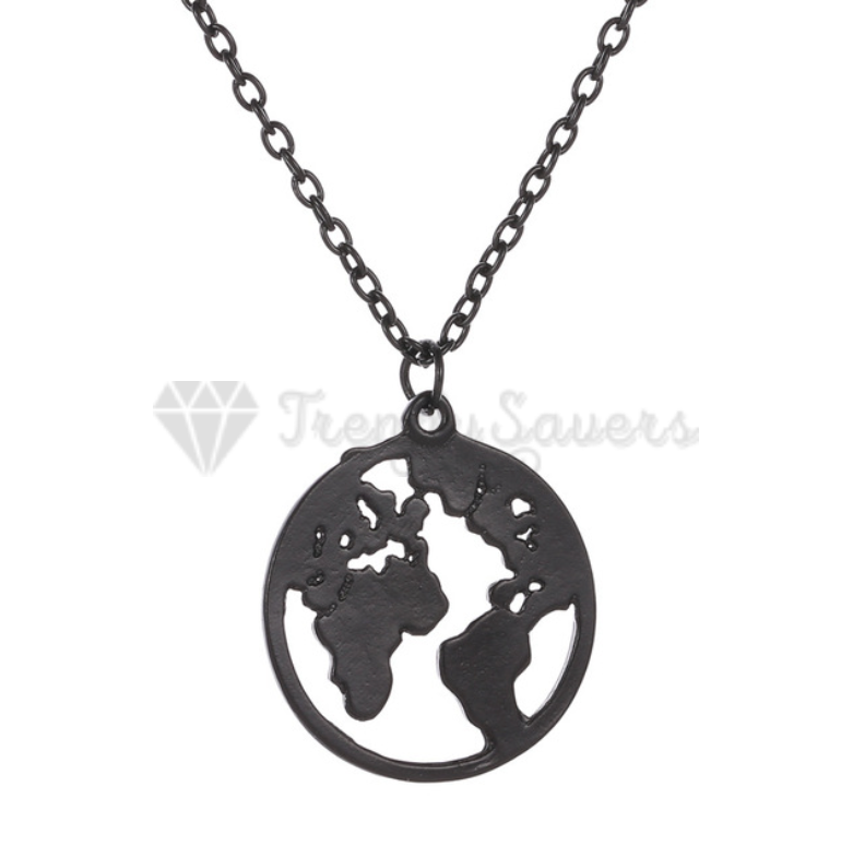 High Polish Smooth Black World Map Print Gold Plated Cable Link Chain Necklace