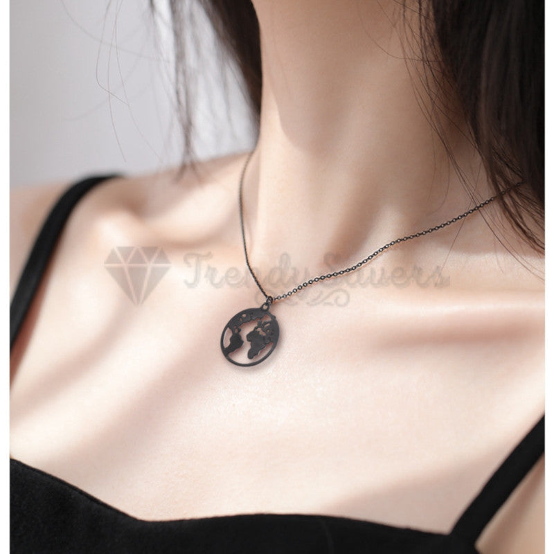 High Polish Smooth Black World Map Print Gold Plated Cable Link Chain Necklace
