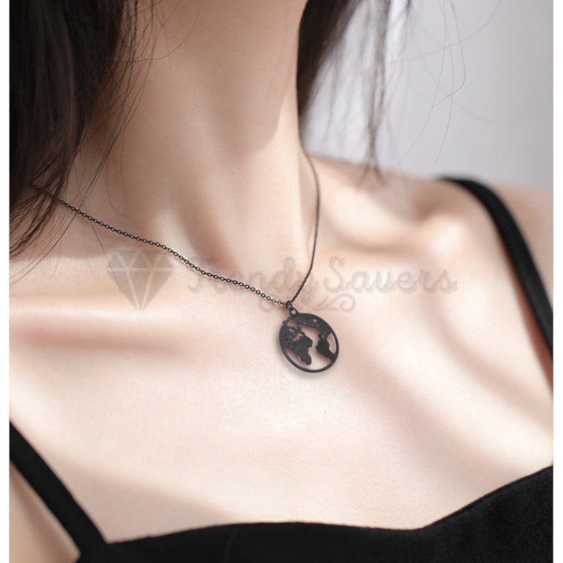 High Polish Smooth Black World Map Print Gold Plated Cable Link Chain Necklace