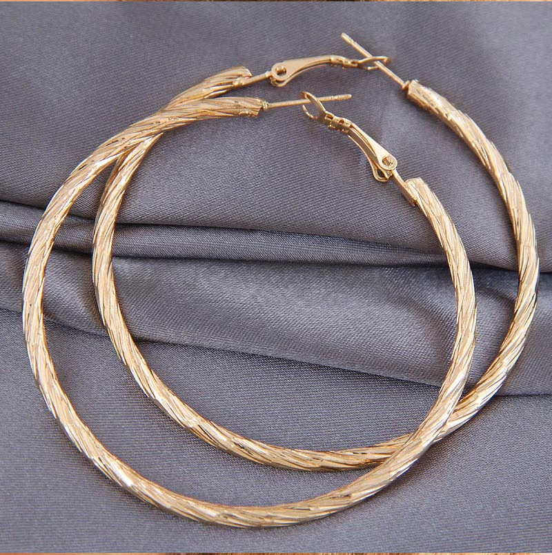 Large Round Hollow Ear Dangle Gold Twist Design Textured Hoop Earrings 50MM Wide