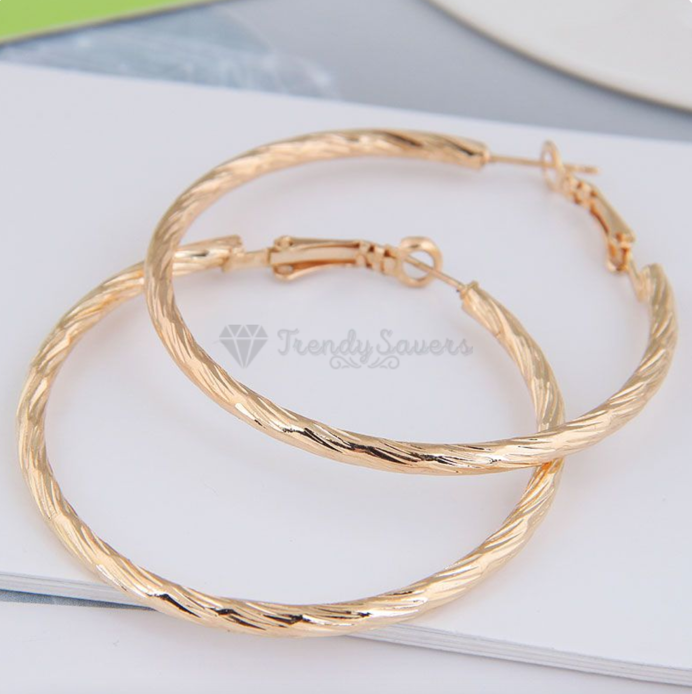 Large Round Hollow Ear Dangle Gold Twist Design Textured Hoop Earrings 50MM Wide
