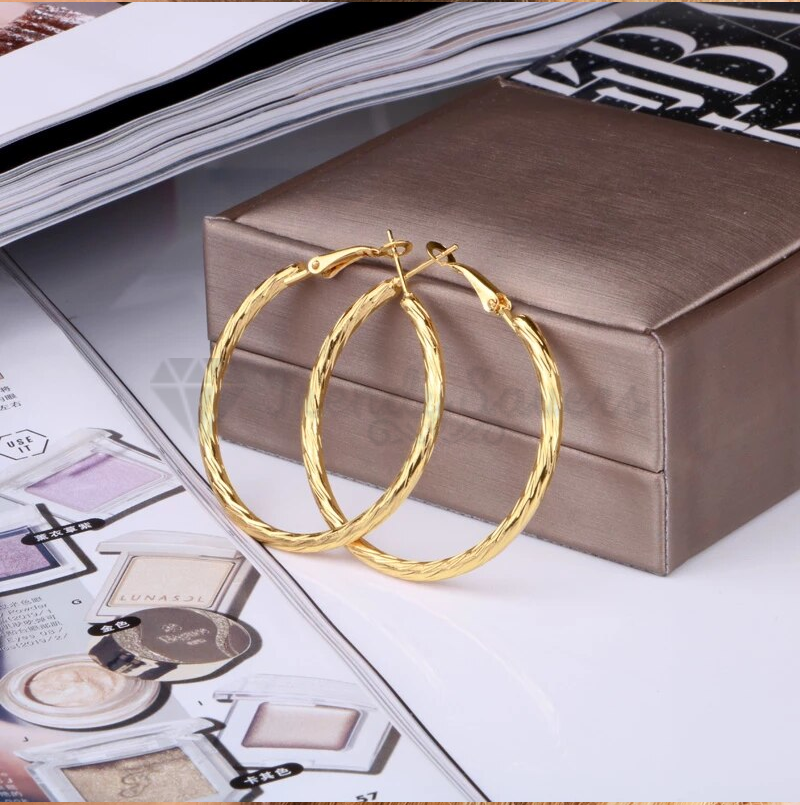 Large Round Hollow Ear Dangle Gold Twist Design Textured Hoop Earrings 50MM Wide