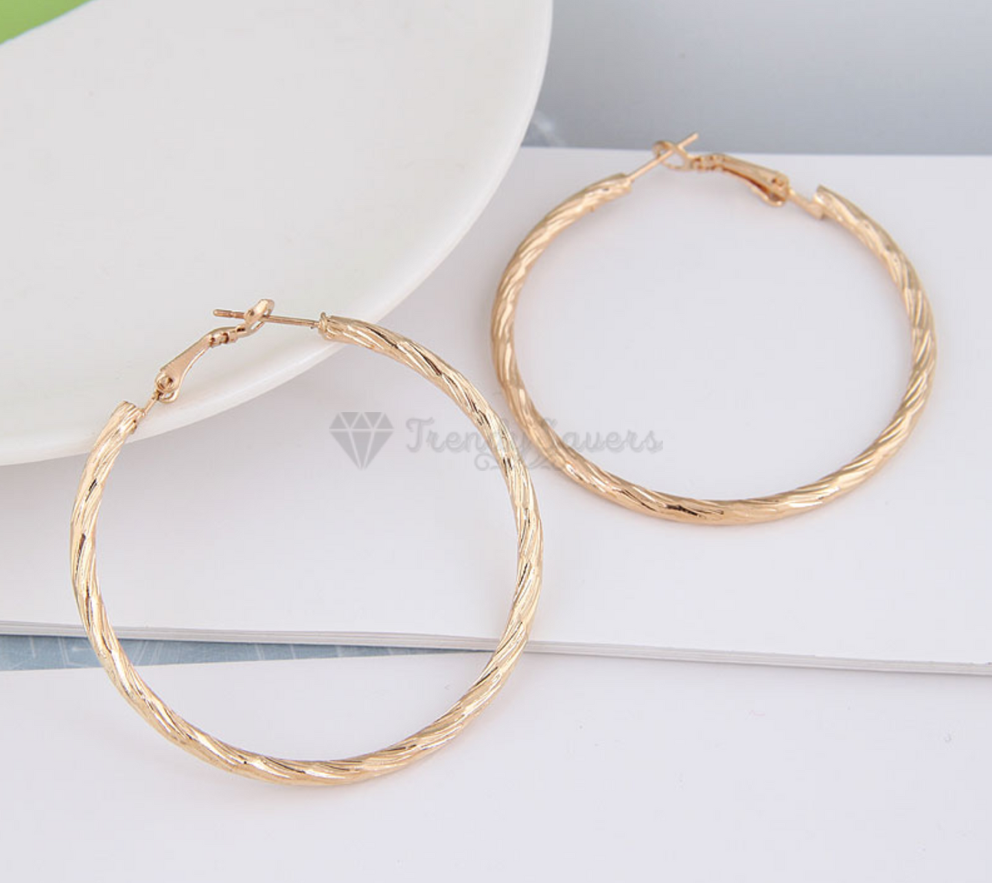 Large Round Hollow Ear Dangle Gold Twist Design Textured Hoop Earrings 50MM Wide
