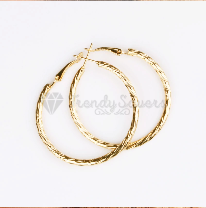 Large Round Hollow Ear Dangle Gold Twist Design Textured Hoop Earrings 50MM Wide