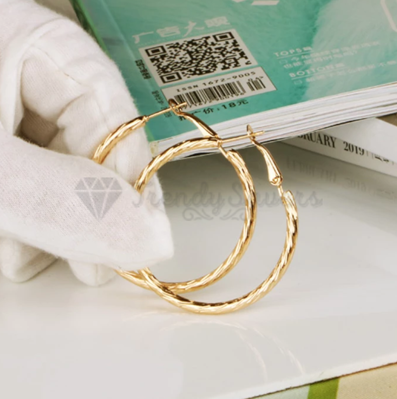 Large Round Hollow Ear Dangle Gold Twist Design Textured Hoop Earrings 50MM Wide