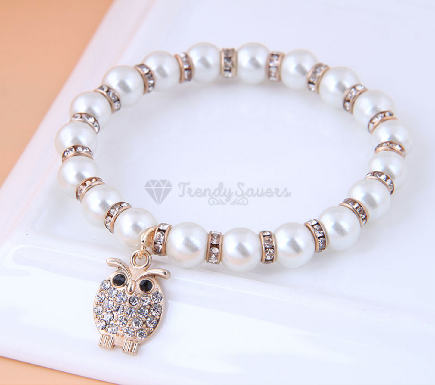 18K Gold Plated Pearl Crystal Bird Owl Design Pendant Bracelet Adjustable Bangle