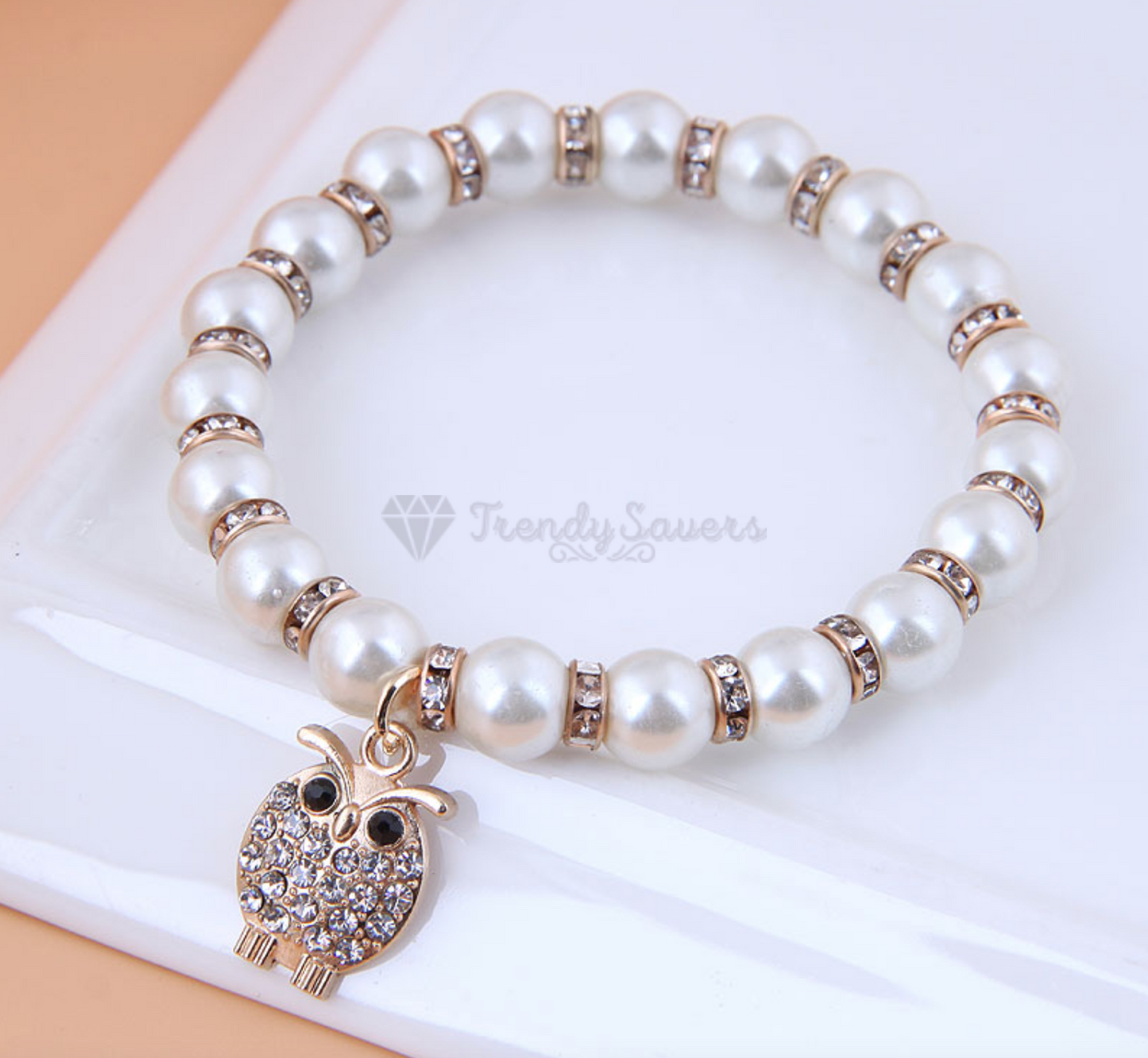 18K Gold Plated Pearl Crystal Bird Owl Design Pendant Bracelet Adjustable Bangle