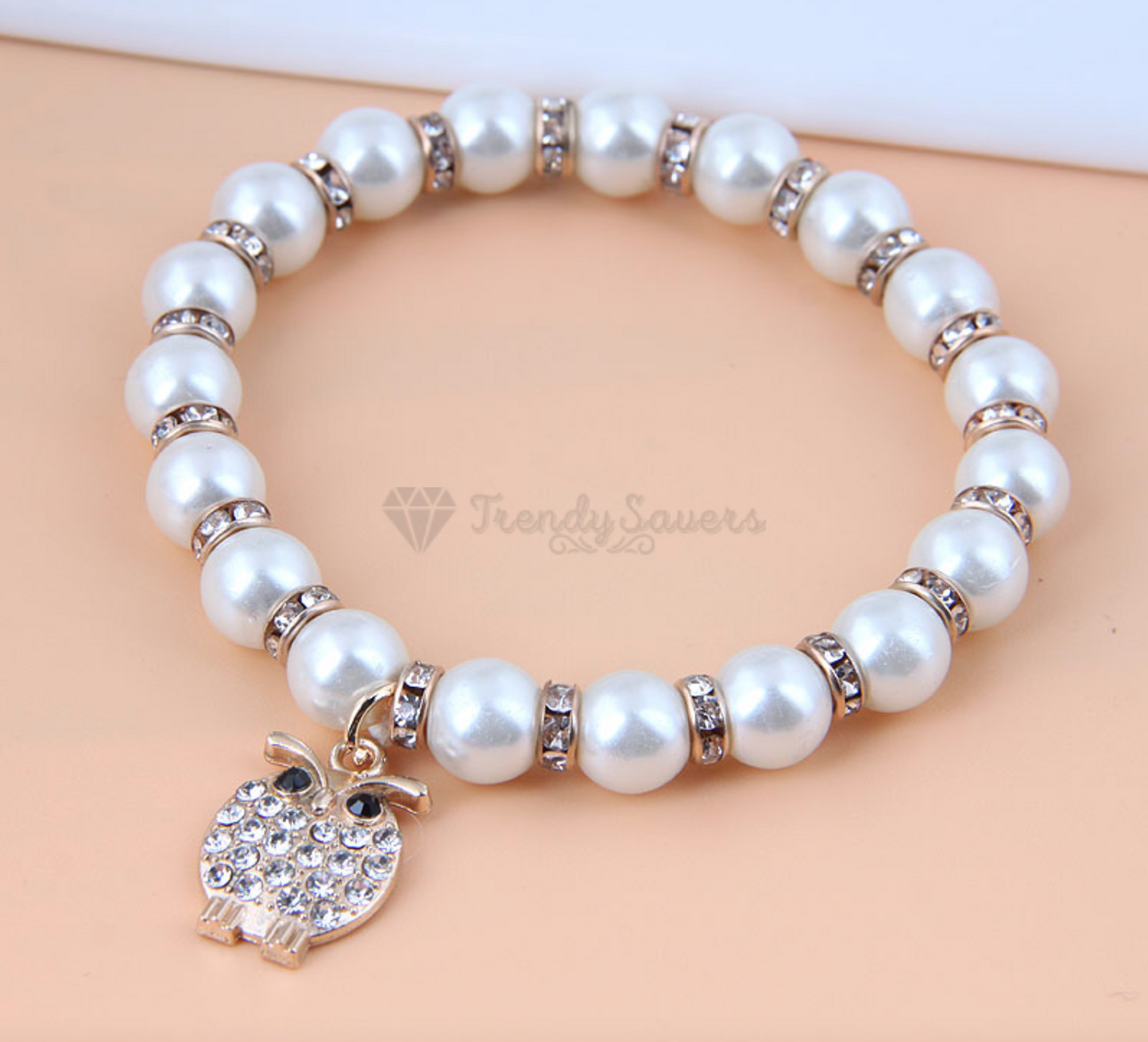 18K Gold Plated Pearl Crystal Bird Owl Design Pendant Bracelet Adjustable Bangle