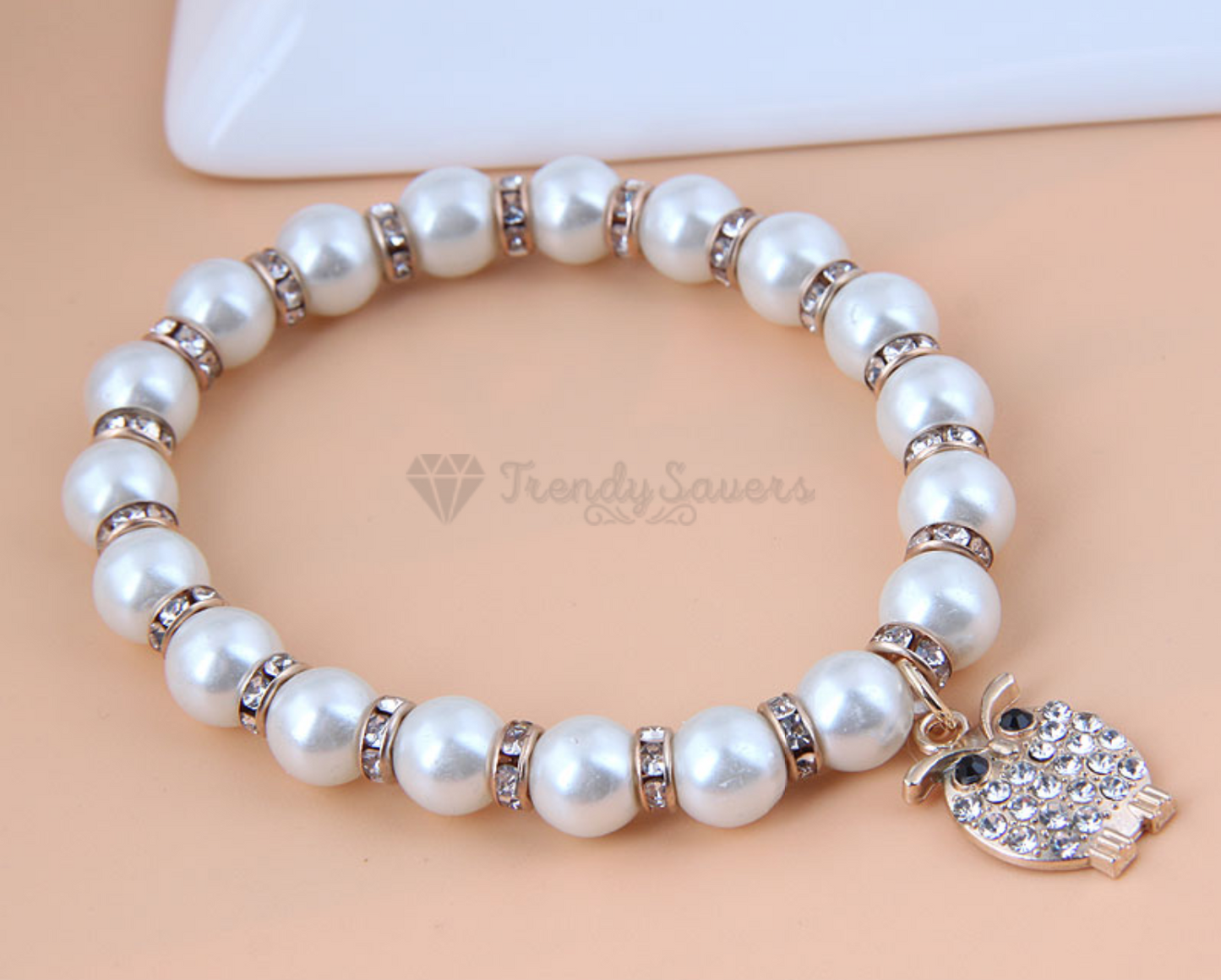 18K Gold Plated Pearl Crystal Bird Owl Design Pendant Bracelet Adjustable Bangle