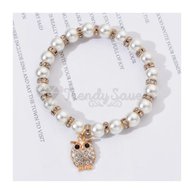 18K Gold Plated Pearl Crystal Bird Owl Design Pendant Bracelet Adjustable Bangle