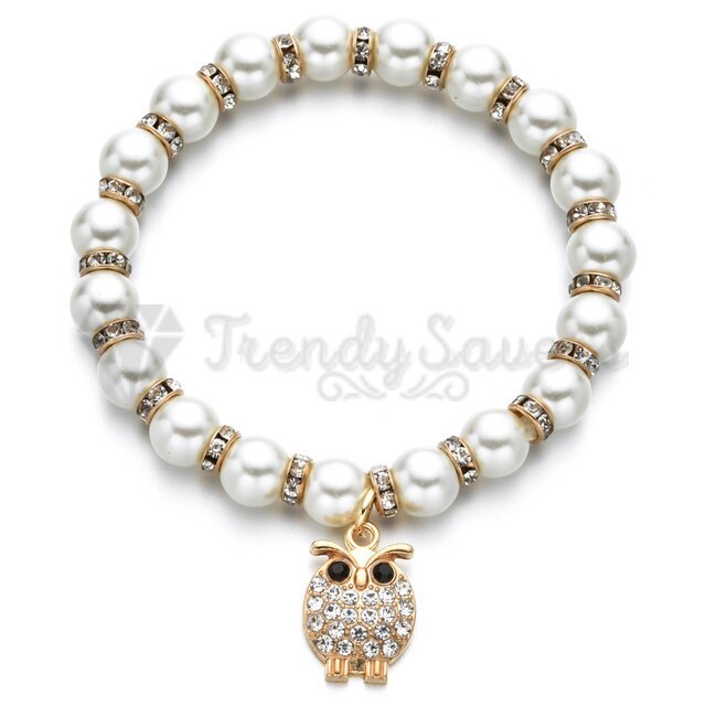 18K Gold Plated Pearl Crystal Bird Owl Design Pendant Bracelet Adjustable Bangle