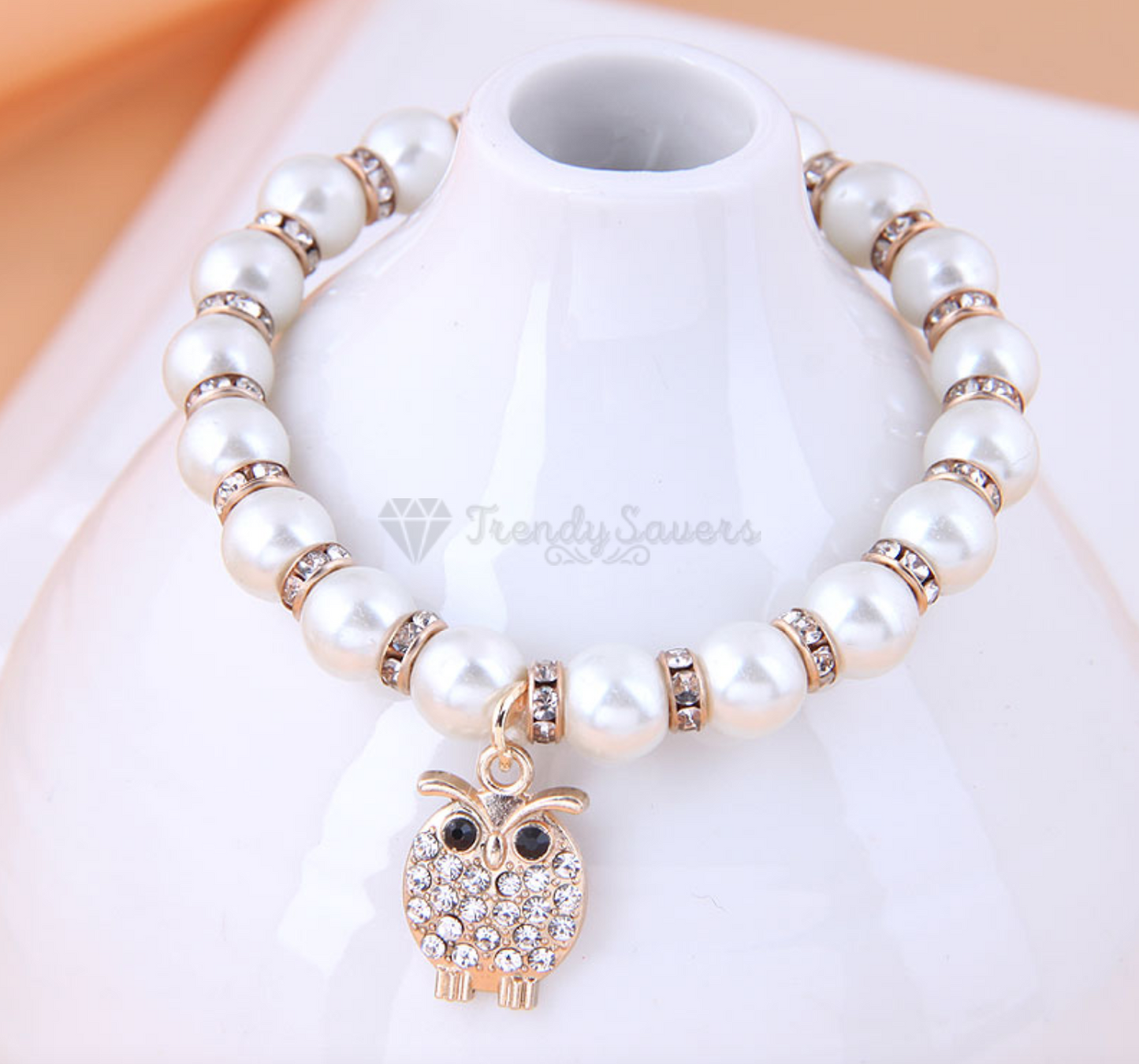 18K Gold Plated Pearl Crystal Bird Owl Design Pendant Bracelet Adjustable Bangle