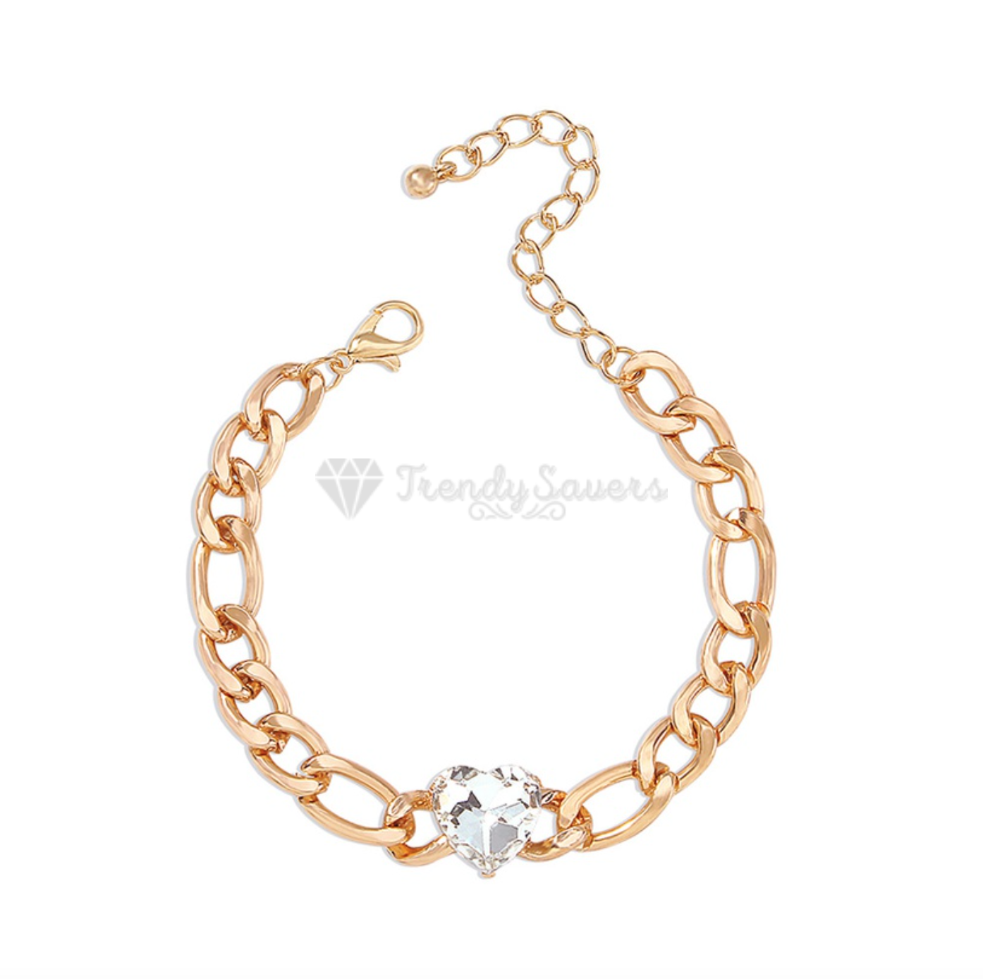 18K Gold Plated Figaro Chain Crystal Heart Charm Bracelet Womens Jewellery Gift