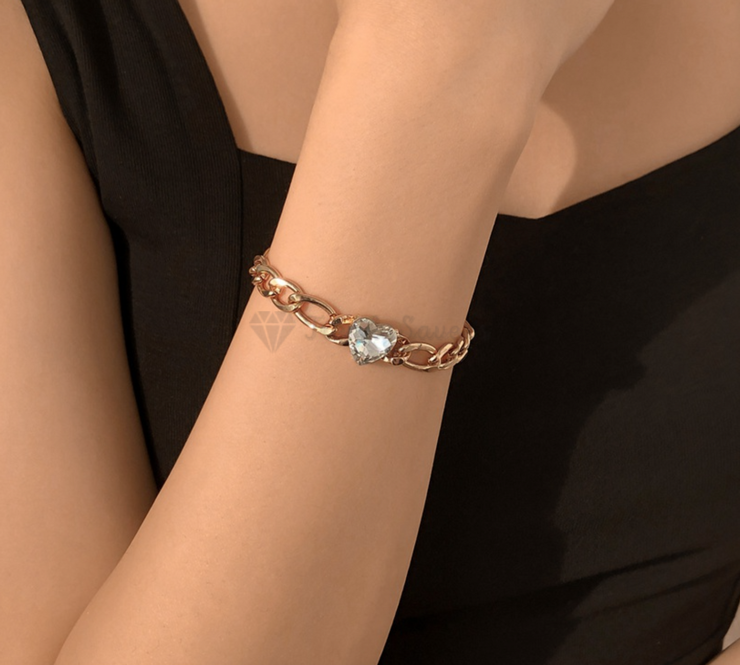 18K Gold Plated Figaro Chain Crystal Heart Charm Bracelet Womens Jewellery Gift