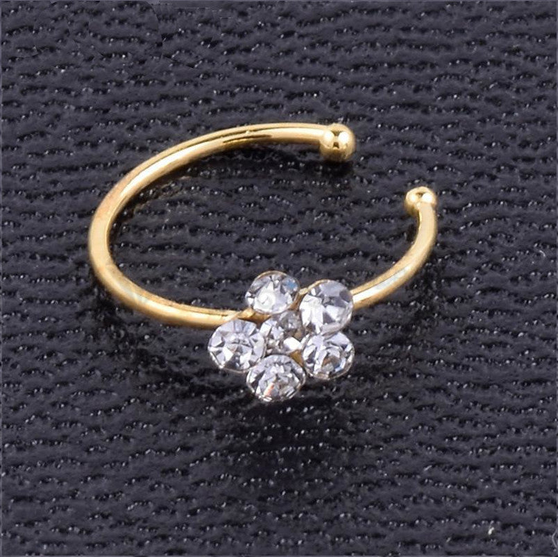 6MM Gold Plated Rhinestone Sparkle Nose Ring Flower Crystal Small Clip On Hoop