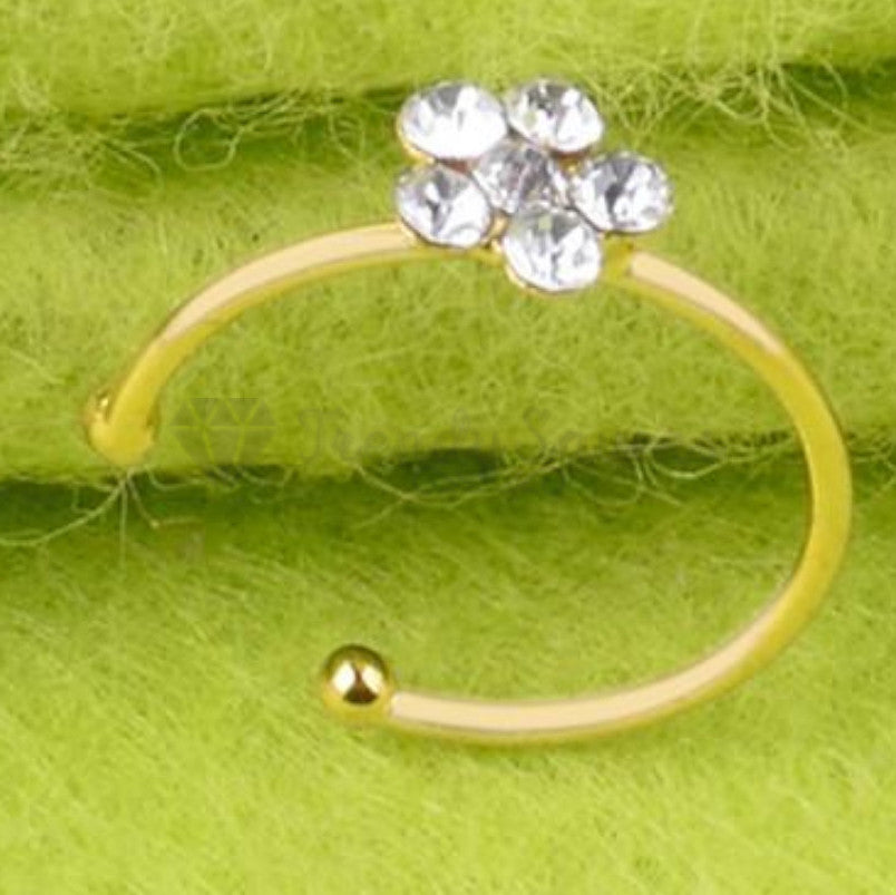 6MM Gold Plated Rhinestone Sparkle Nose Ring Flower Crystal Small Clip On Hoop