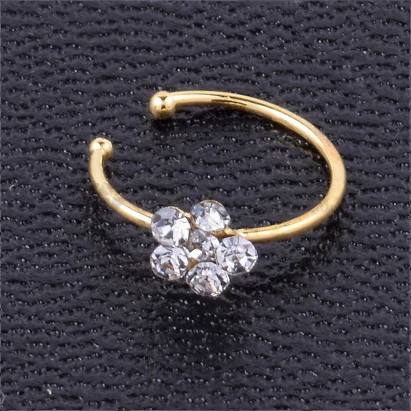 6MM Gold Plated Rhinestone Sparkle Nose Ring Flower Crystal Small Clip On Hoop