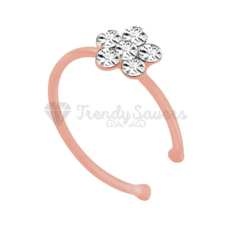 8MM Cubic Zircon Crystal Flower Nose Stud Hoop Ring Non Piercing Sterling Silver